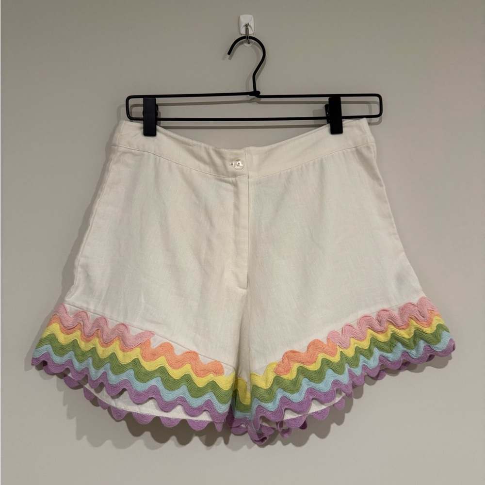 Juliet Dunn White Shorts with Embroidered Rainbow Trim